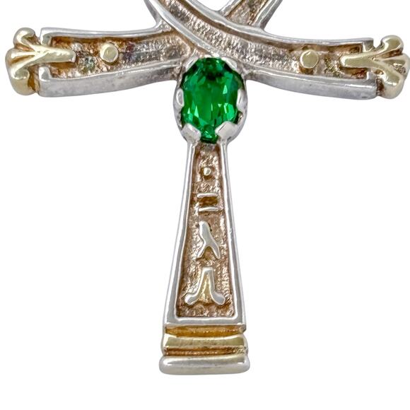 Estate Sterling Silver 925 Green Cubic Zirconia Egyptian Ankh Cross Pendant - Picture 6 of 9